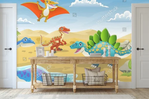 Wesołe dinozaury w prehistorycznym krajobrazie