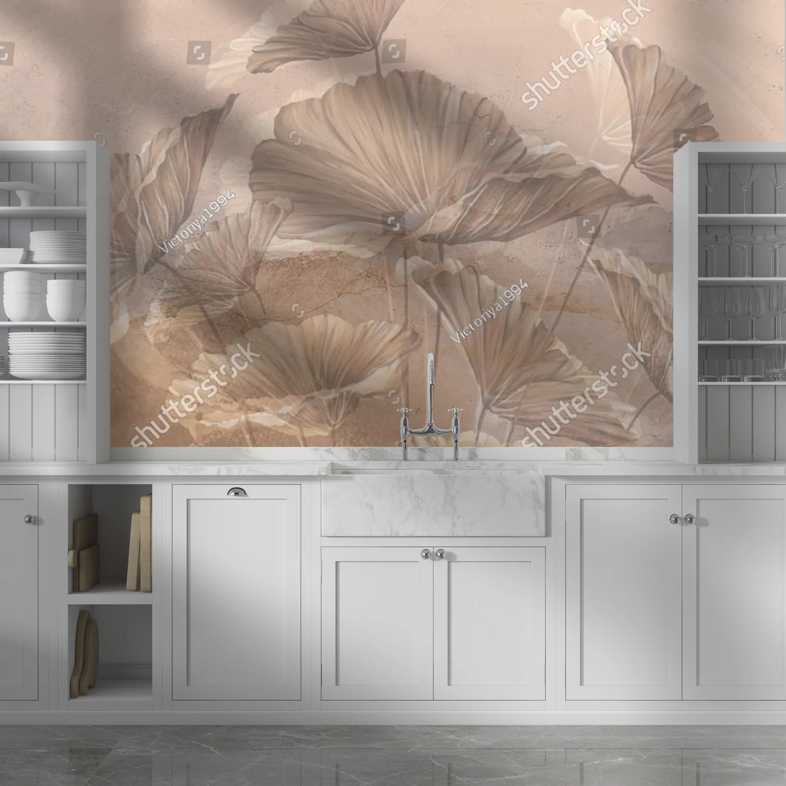 Pastelowy mural z liśćmi w harmonijnym otoczeniu