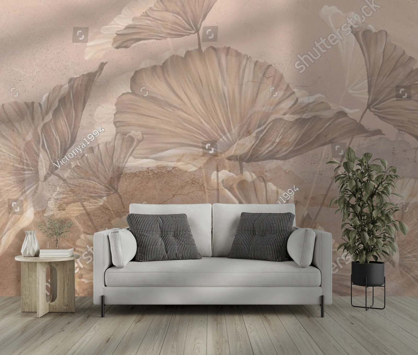 Pastelowy mural z liśćmi w harmonijnym otoczeniu