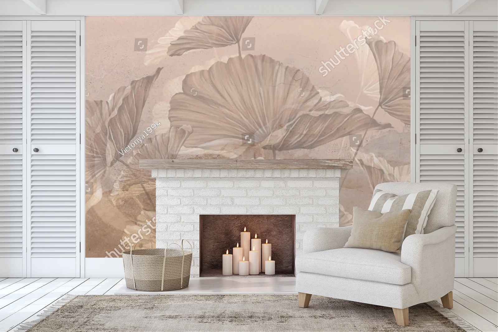 Pastelowy mural z liśćmi w harmonijnym otoczeniu