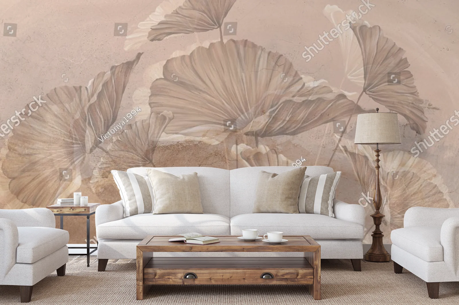 Pastelowy mural z liśćmi w harmonijnym otoczeniu