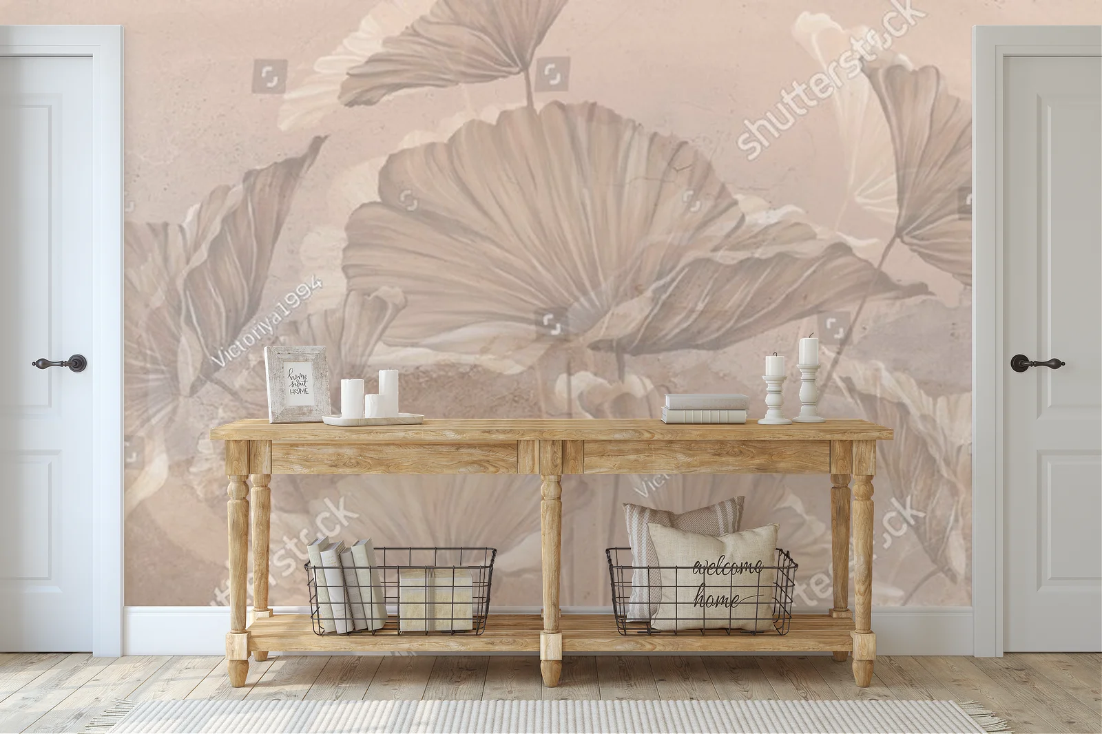 Pastelowy mural z liśćmi w harmonijnym otoczeniu