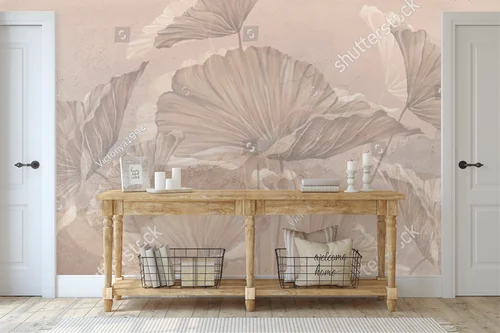 Pastelowy mural z liśćmi w harmonijnym otoczeniu