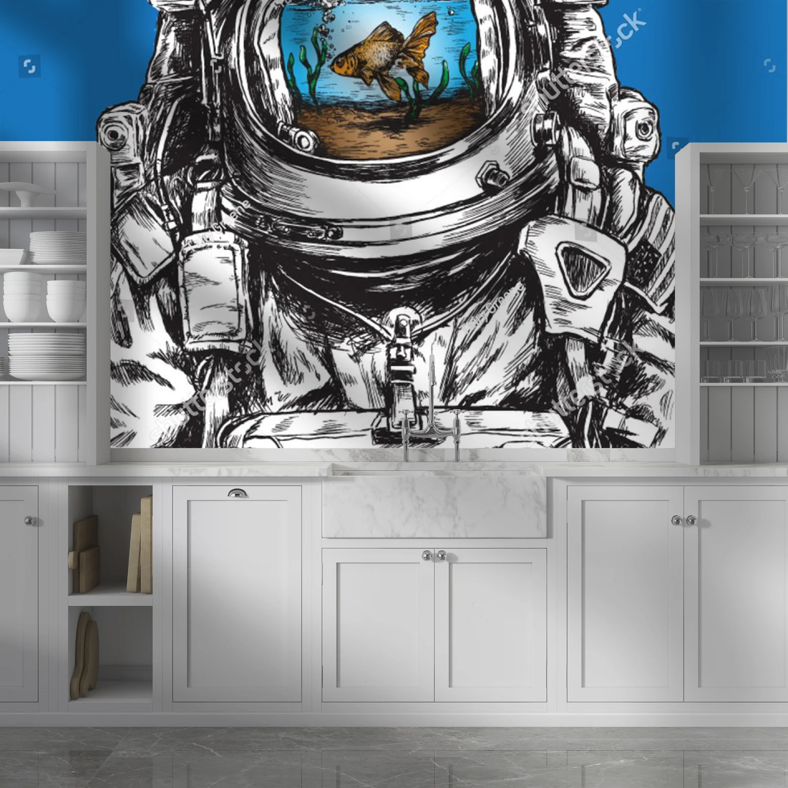 Kosmiczny astronauta z rybkami w złotej otoczce