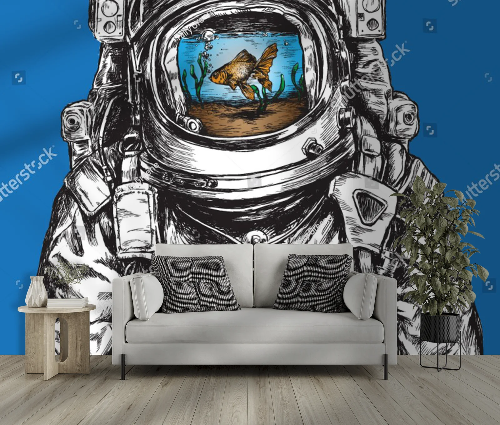 Kosmiczny astronauta z rybkami w złotej otoczce