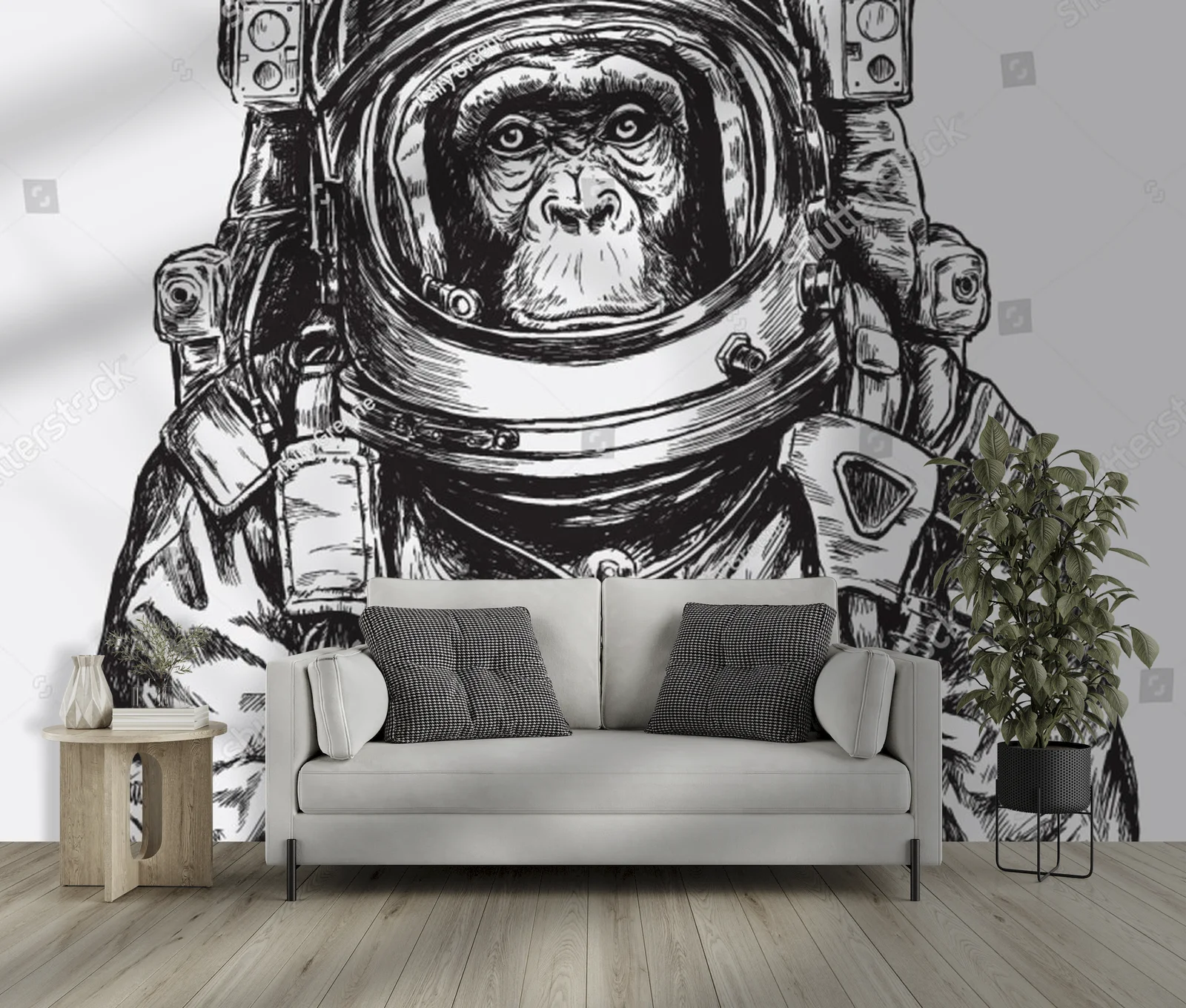 Intrygująca małpa astronauta w kosmicznej aranżacji