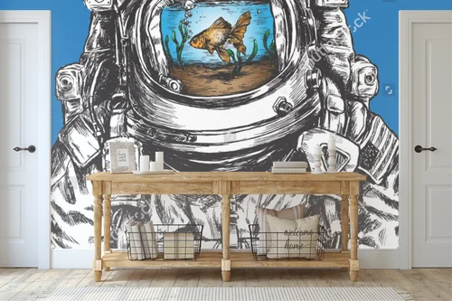 Kosmiczny astronauta z rybkami w złotej otoczce