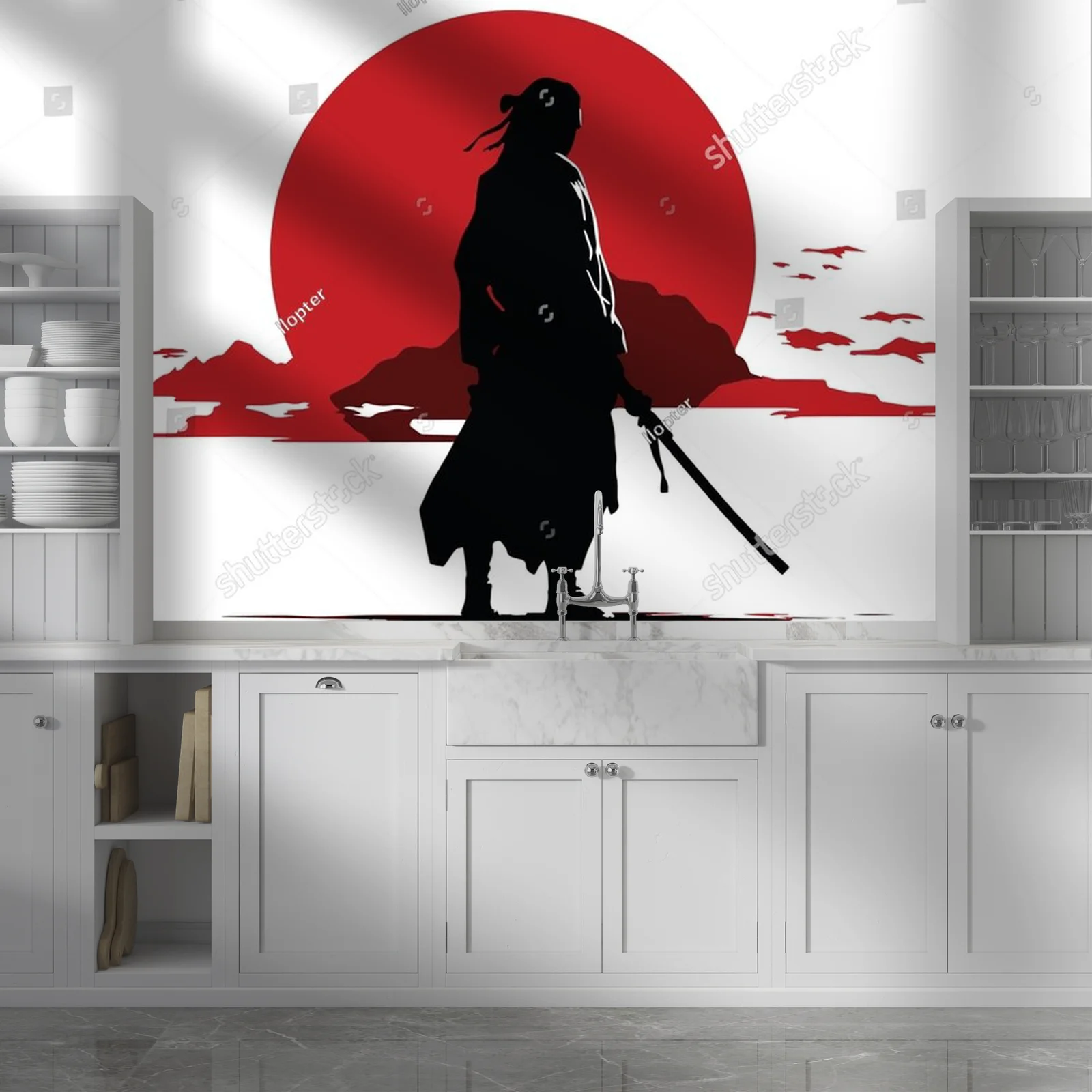 Silhouette samuraja przed krwawą pełnią