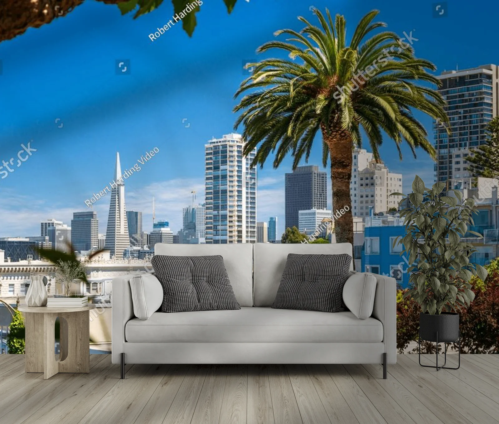 Nowoczesny pejzaż San Francisco pod palmą