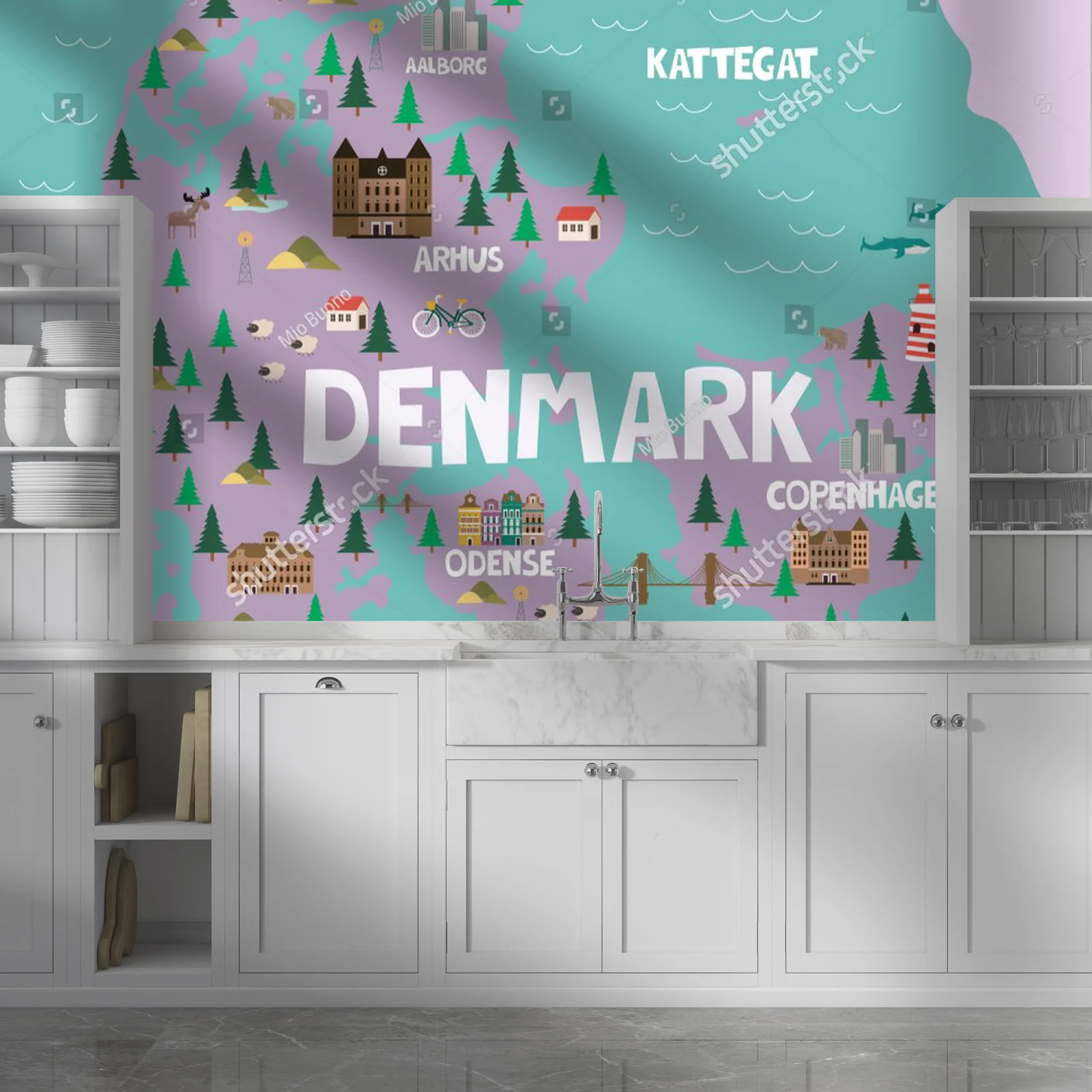 Ilustrowana mapa Danii w pastelowych odcieniach