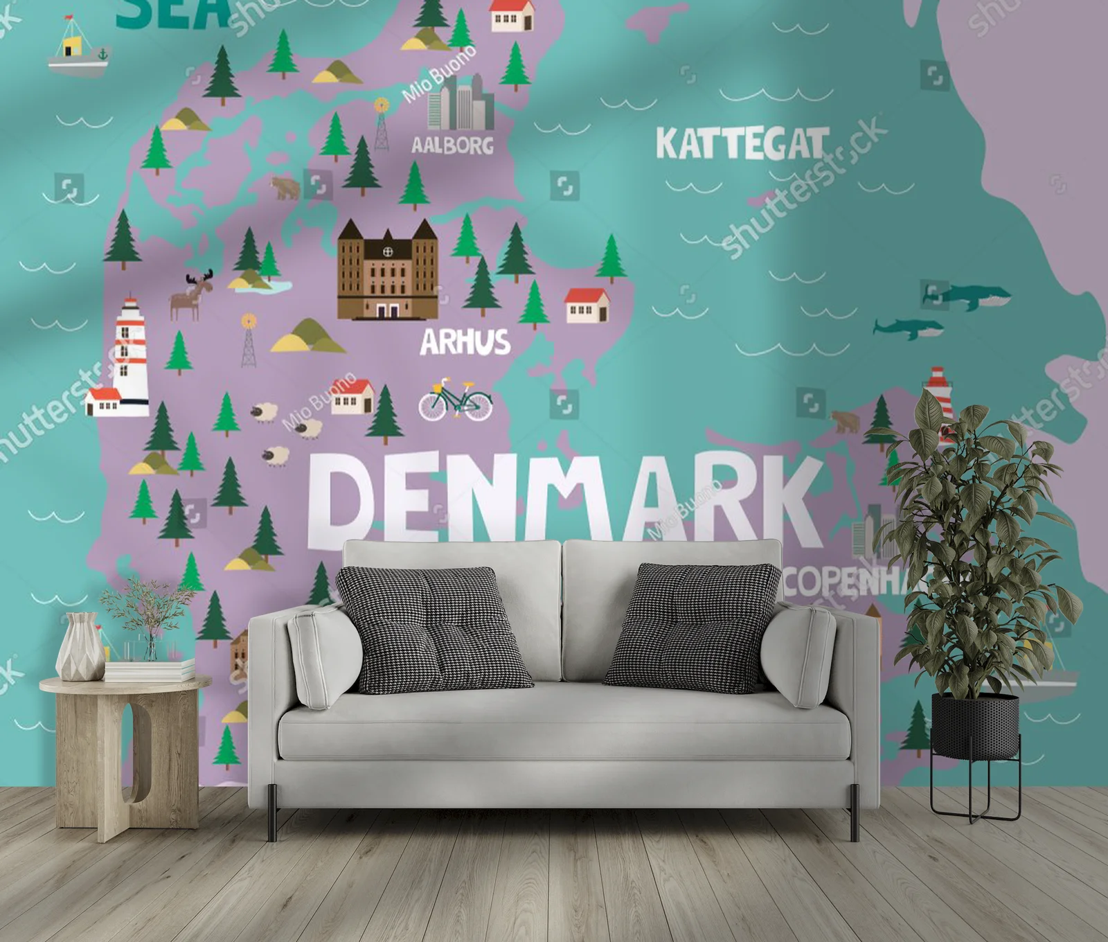 Ilustrowana mapa Danii w pastelowych odcieniach