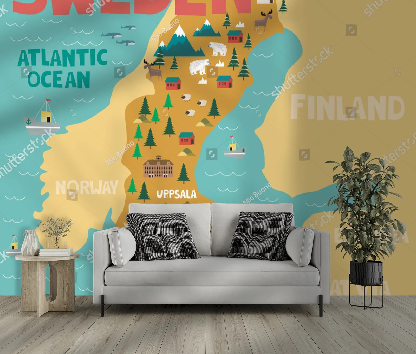 Ilustrowana mapa Szwecji w naturalnych odcieniach