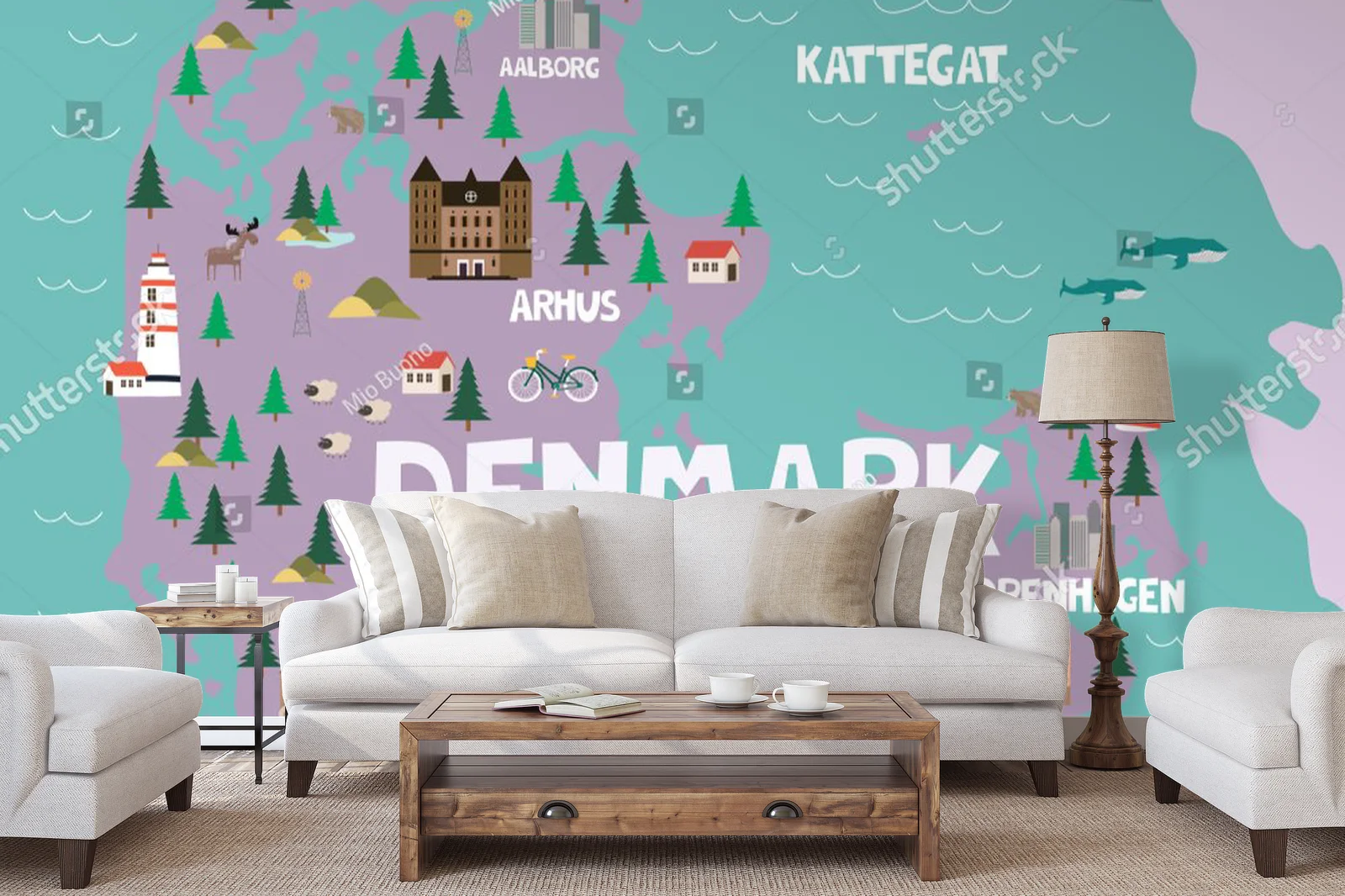 Ilustrowana mapa Danii w pastelowych odcieniach