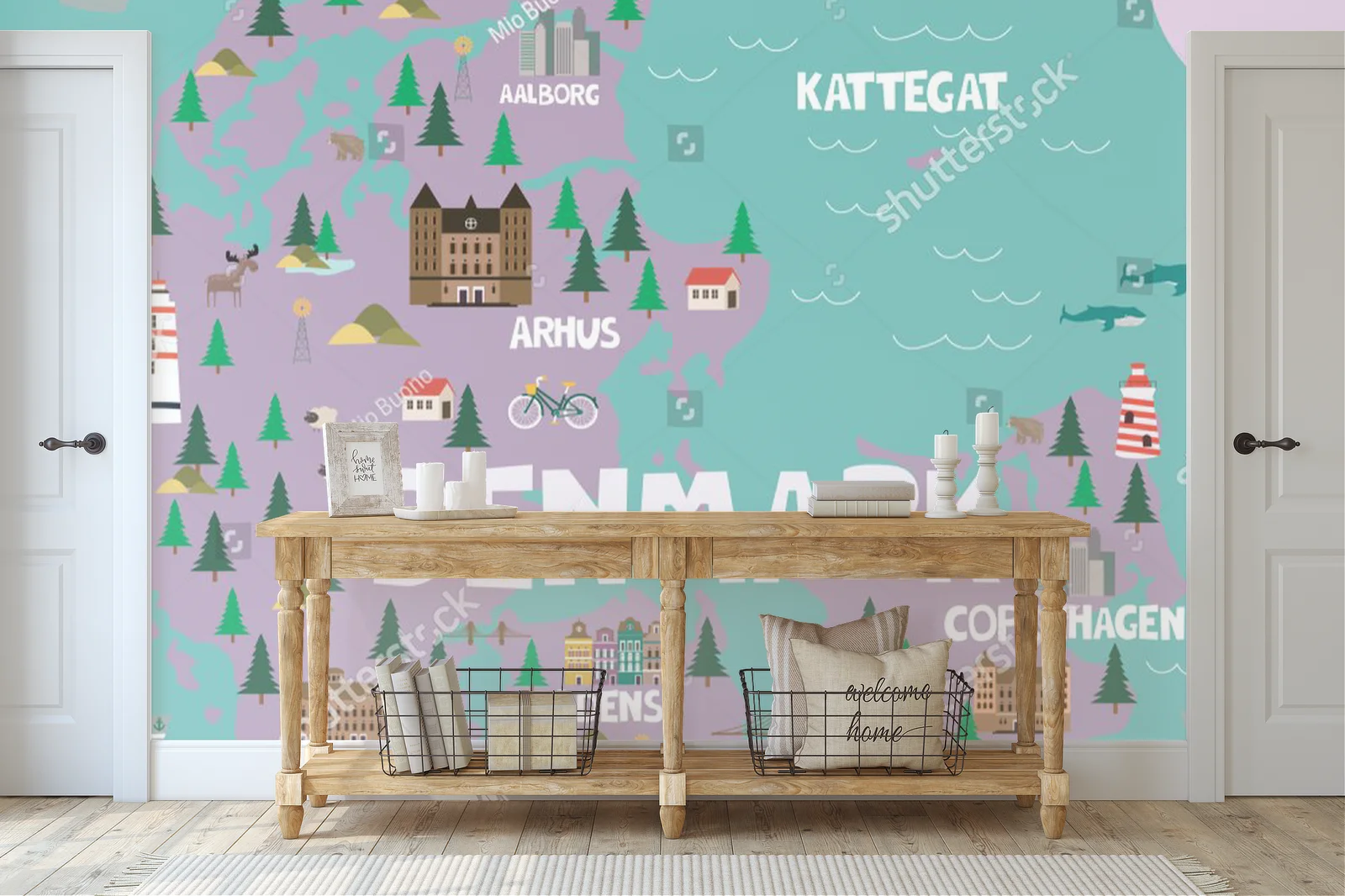 Ilustrowana mapa Danii w pastelowych odcieniach