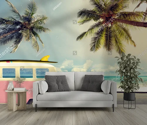 Retro samochód na plaży z deską surfingową