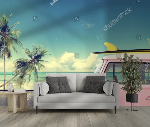 Retro van na plaży z deską surfingową