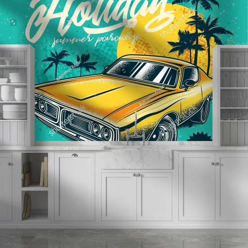 Vintage motyw automobilowy w palmowej scenerii