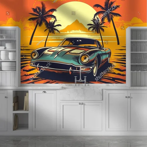 Retro samochody w zachodzie słońca nad palmami