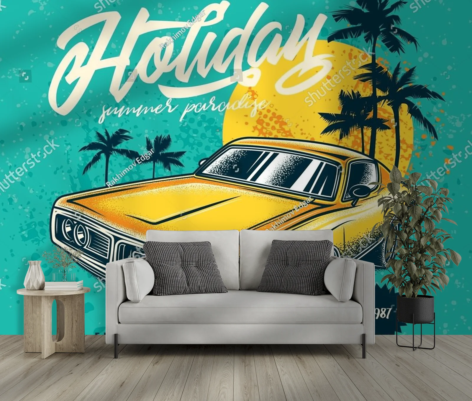 Vintage motyw automobilowy w palmowej scenerii