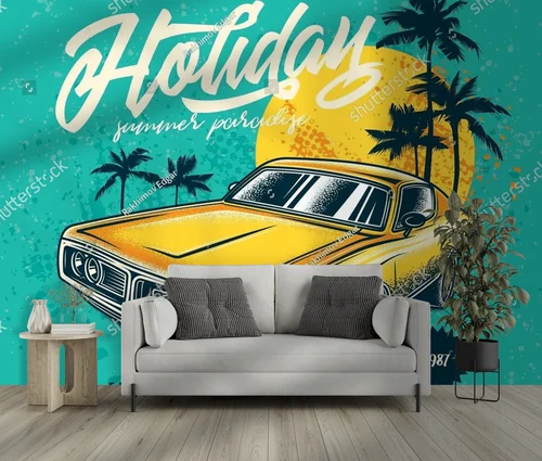 Vintage motyw automobilowy w palmowej scenerii