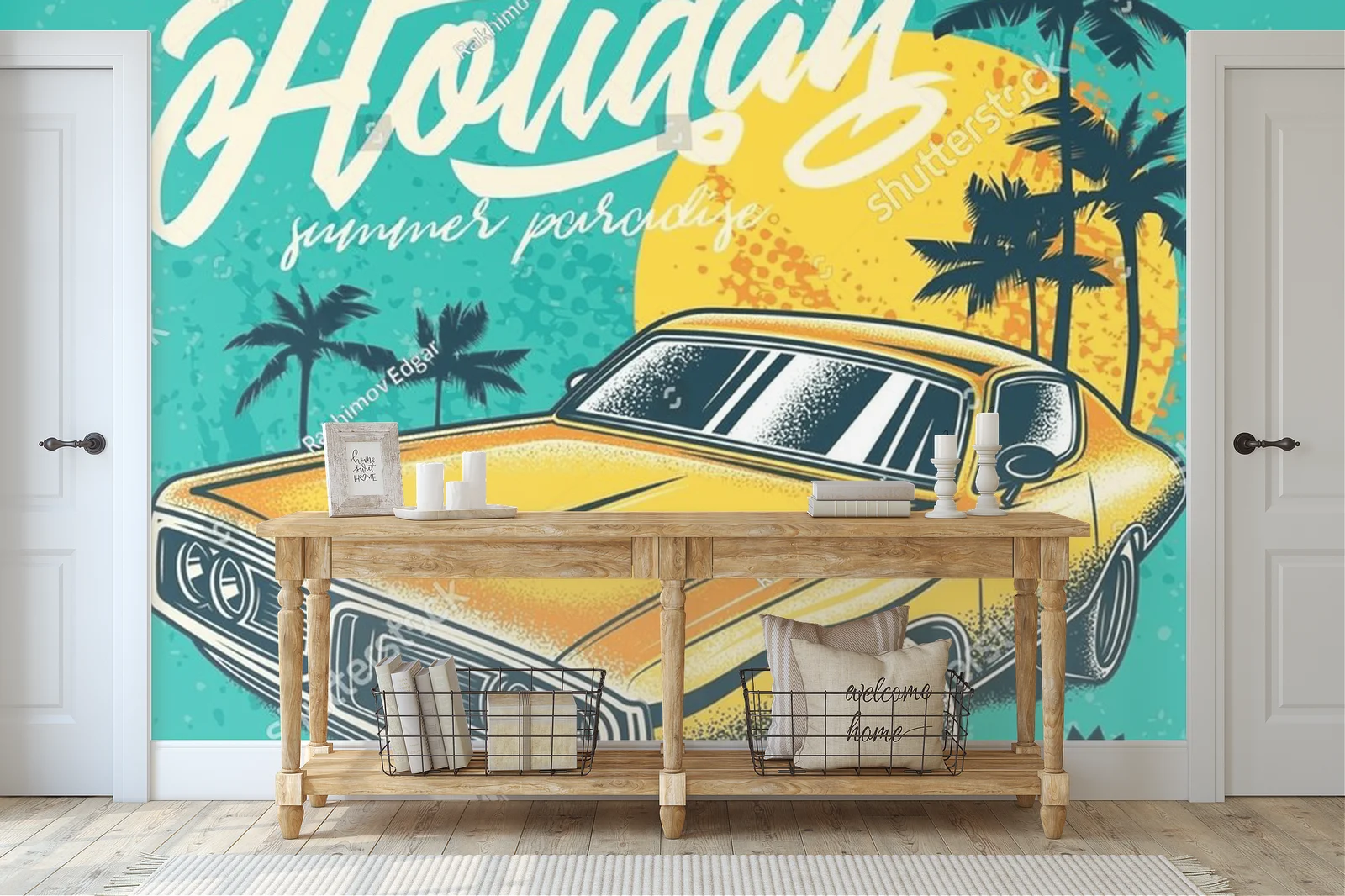 Vintage motyw automobilowy w palmowej scenerii