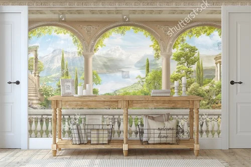 Antyczny balkon z widokiem na morskie pejzaże