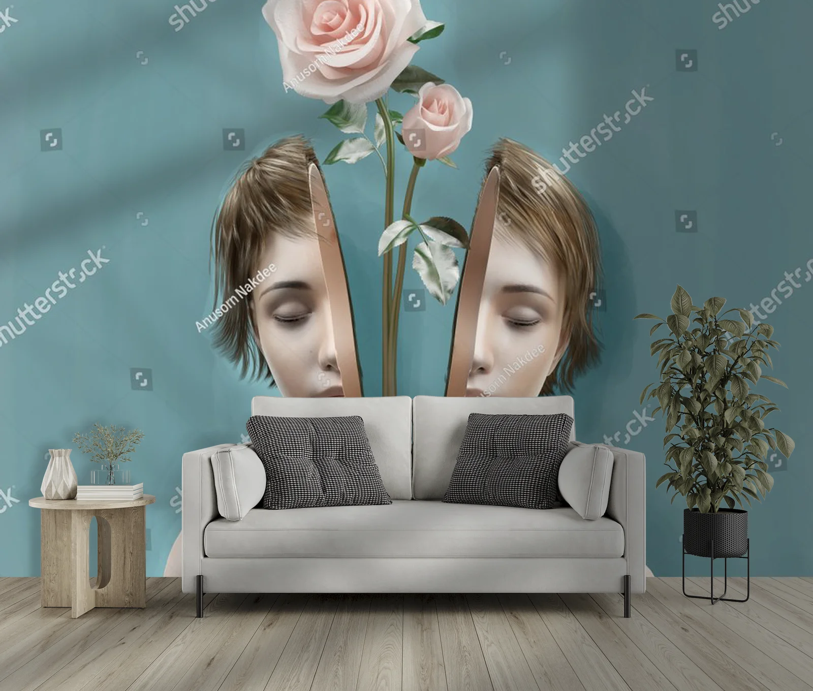 Surrealistyczny portret kobiety z kwiatem
