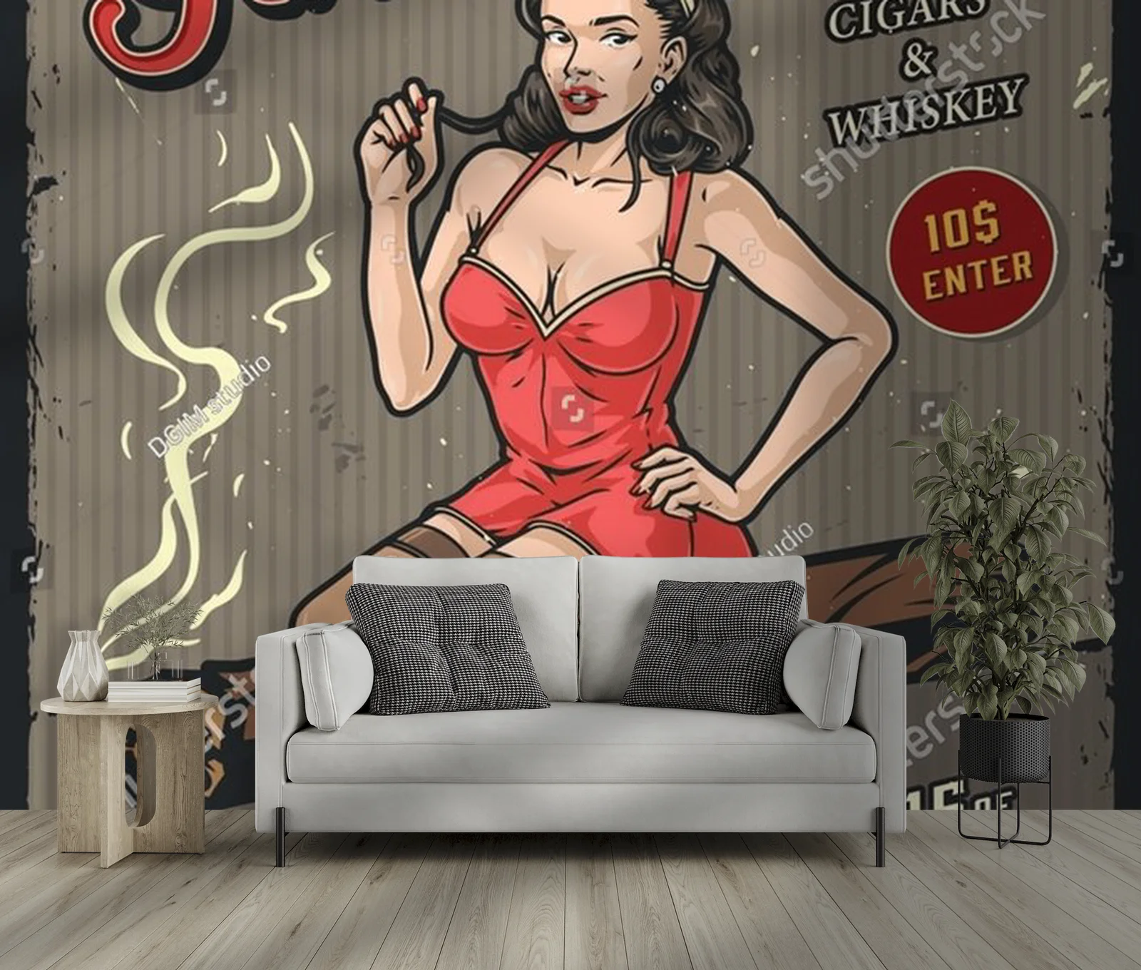 Kolorowa retro kompozycja z pinup dziewczyną