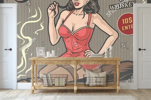 Kolorowa retro kompozycja z pinup dziewczyną