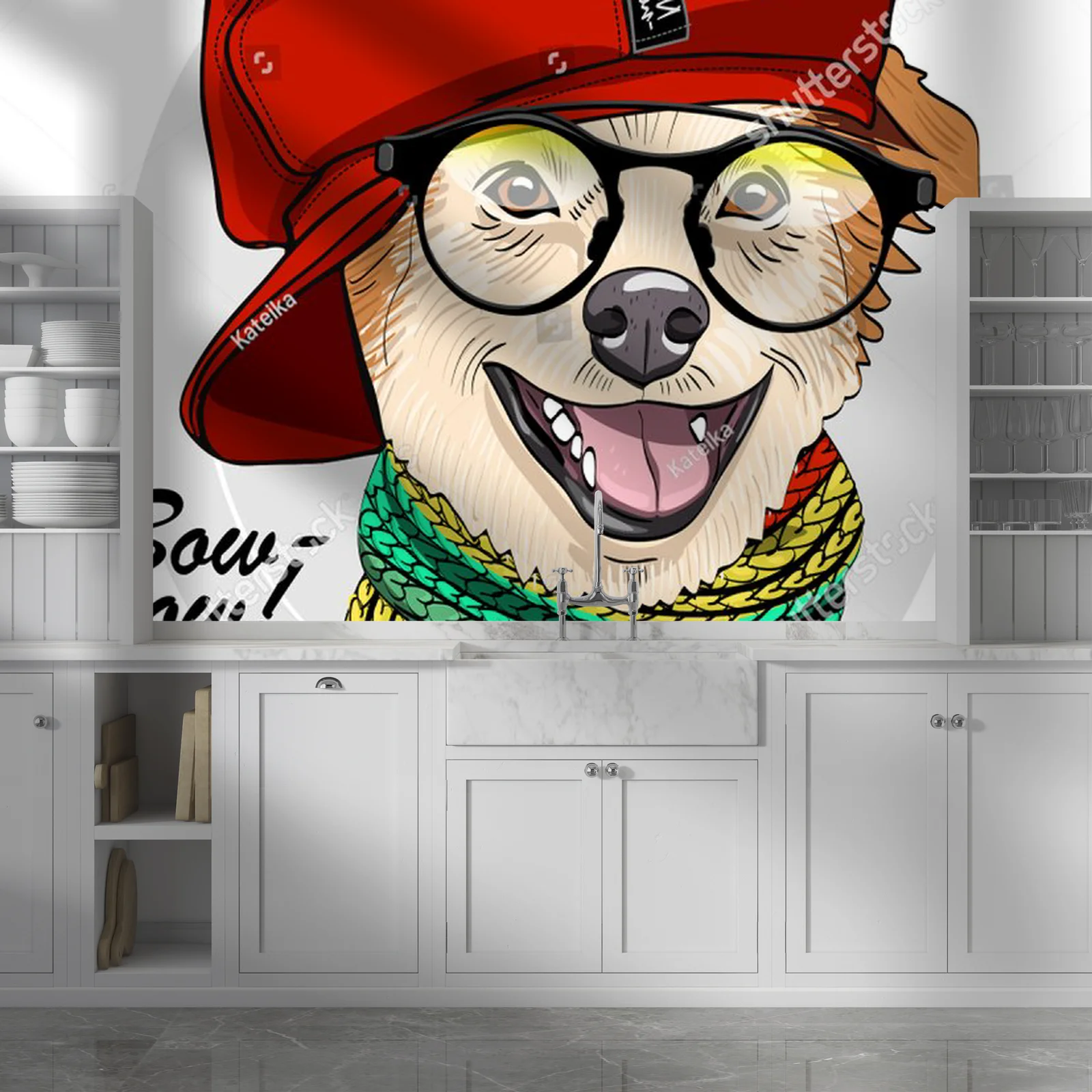 Stylowy pies z czerwonym akcentem wśród bieli