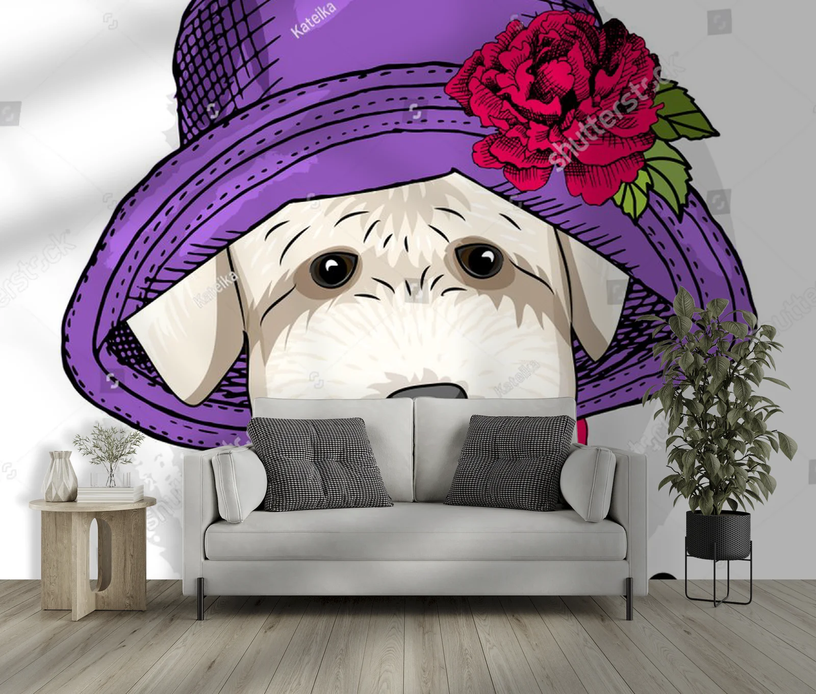 Stylowy piesek w purpurowym kapeluszu inspirujący modą