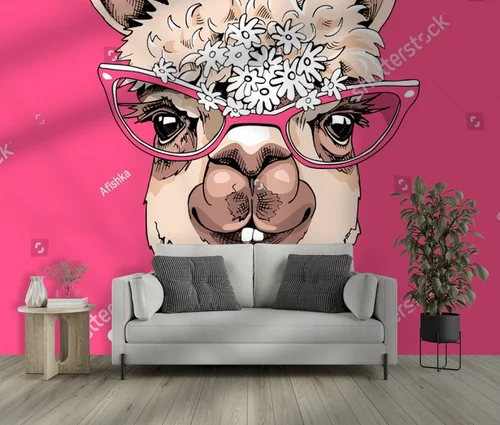 Hipsterska lama w romantycznym stylu na różowym tle