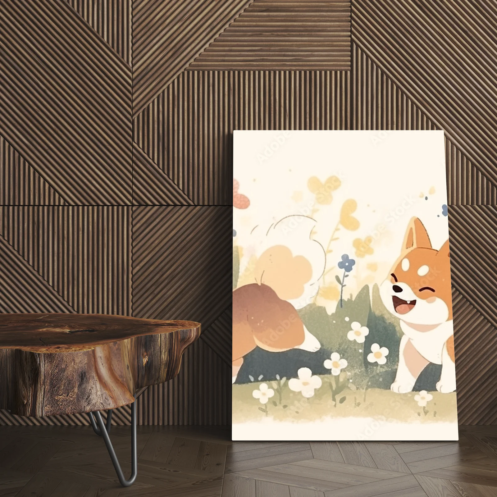 Urocze Shiba na tle kwitnącego ogrodu