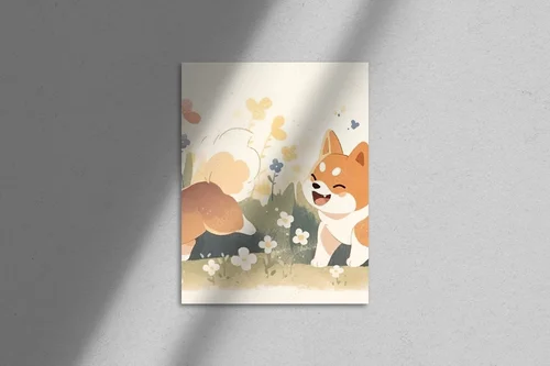 Urocze Shiba na tle kwitnącego ogrodu