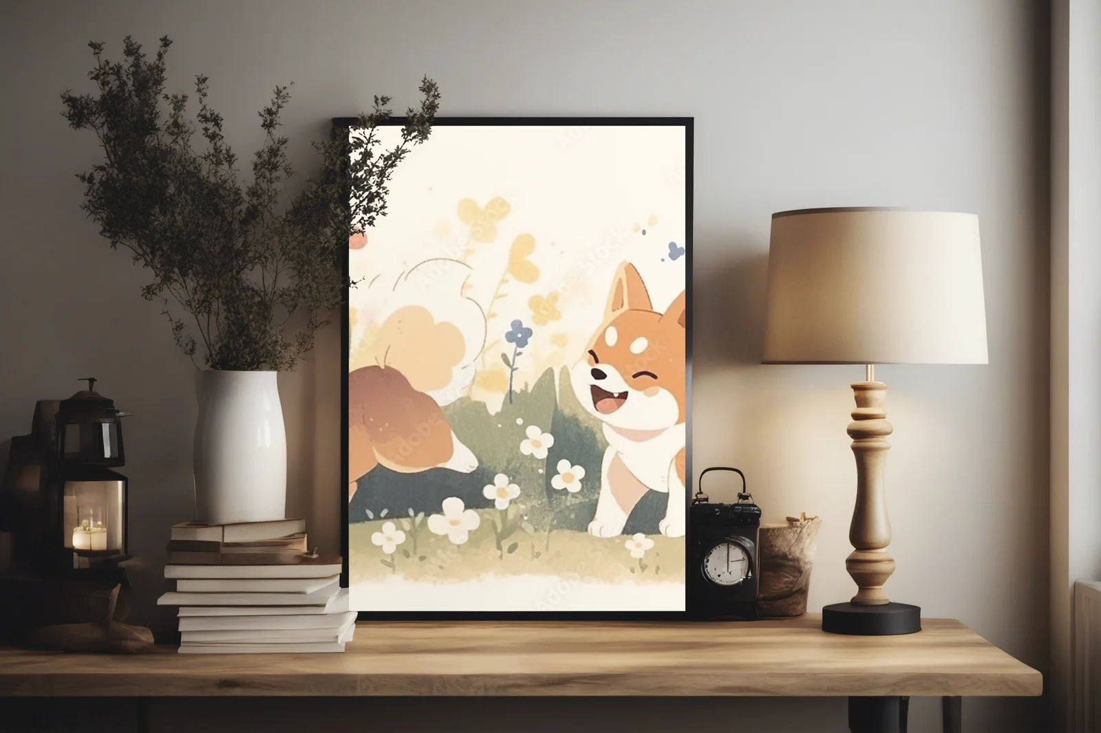 Urocze Shiba na tle kwitnącego ogrodu