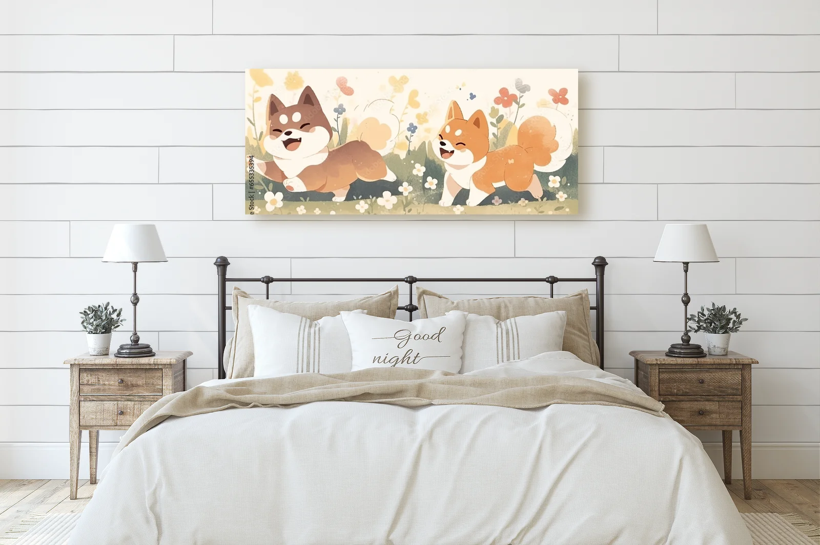 Urocze Shiba na tle kwitnącego ogrodu