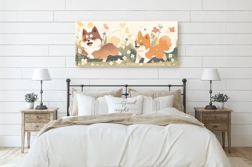 Urocze Shiba na tle kwitnącego ogrodu
