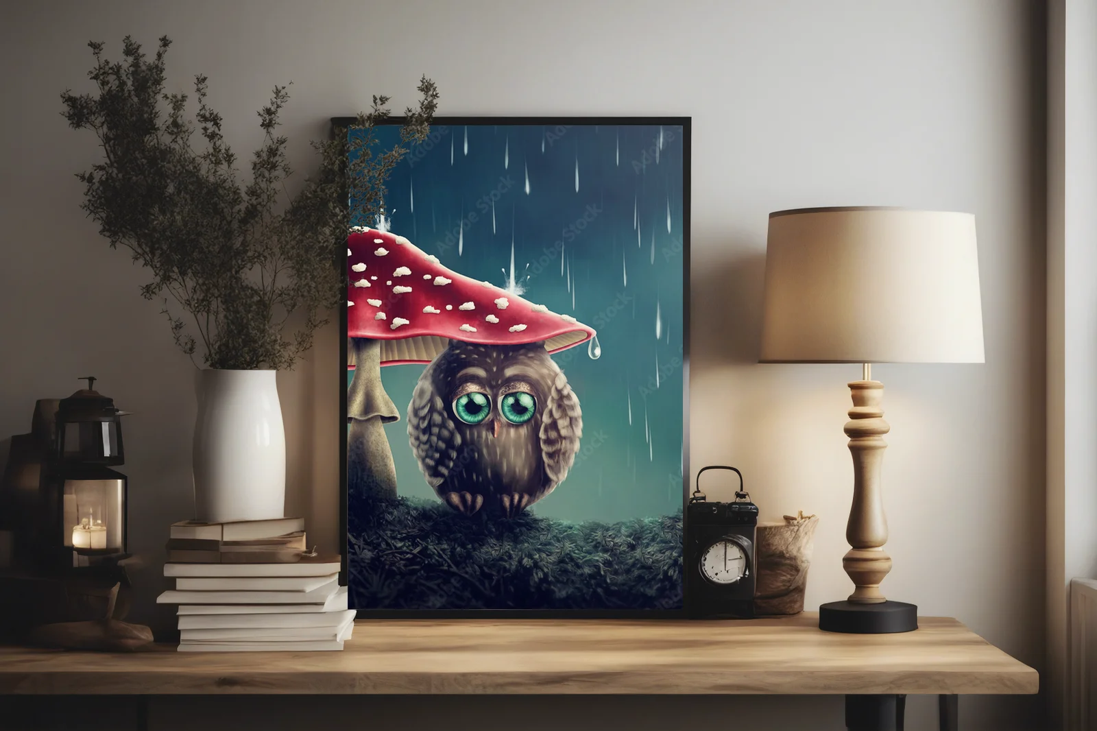 Mała sowa pod grzybami