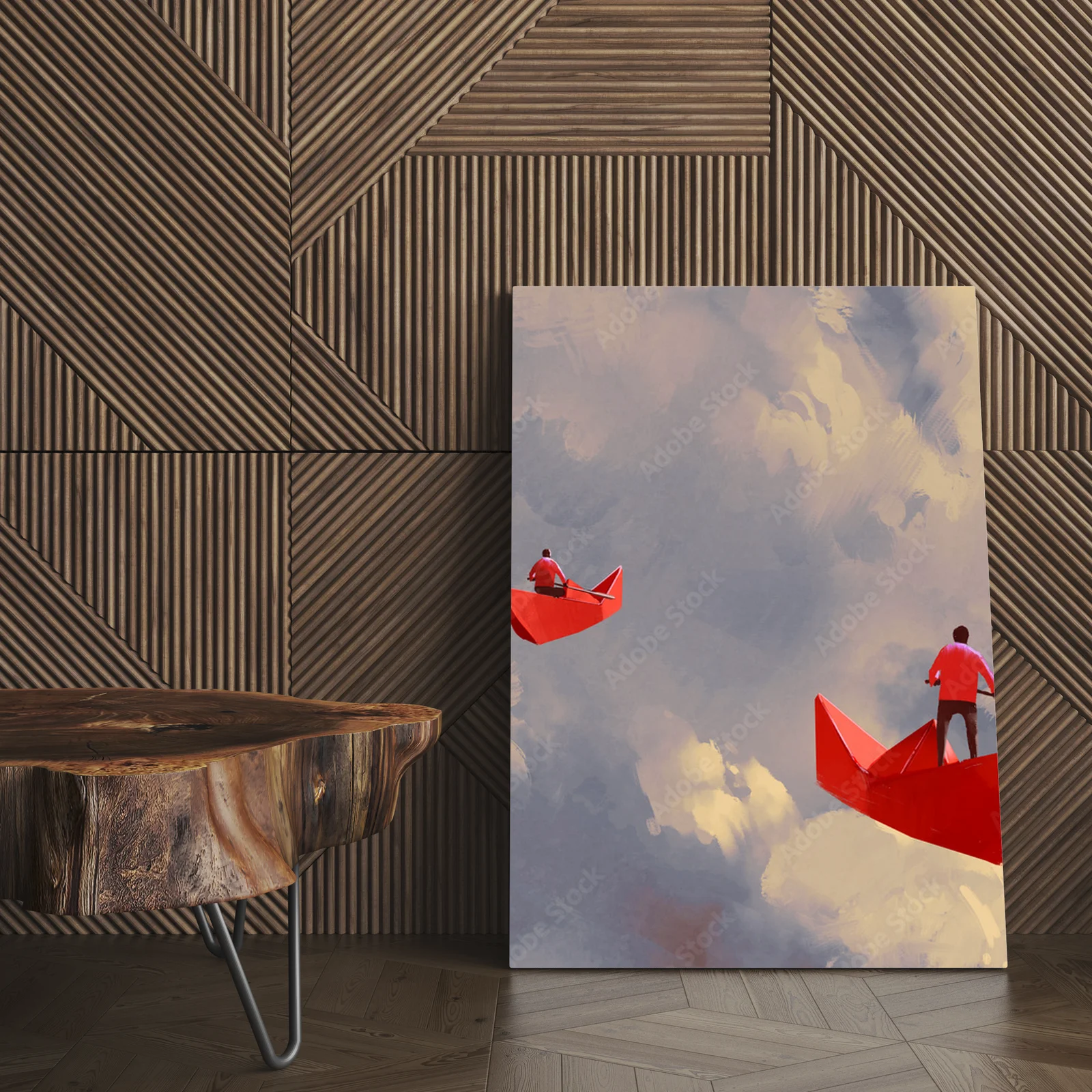 Mężczyźni na origami przy czerwonych łodziach w chmurach