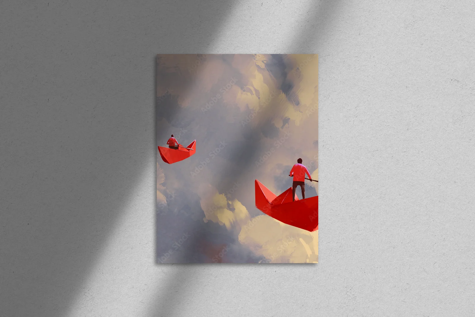 Mężczyźni na origami przy czerwonych łodziach w chmurach