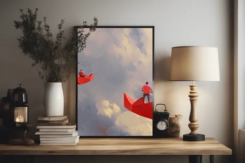 Mężczyźni na origami przy czerwonych łodziach w chmurach