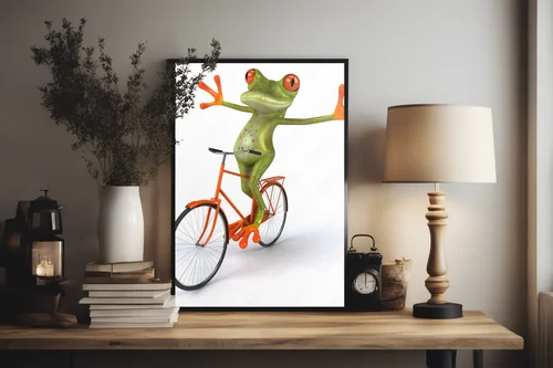 Radosna żaba na rowerze w subtelnych odcieniach