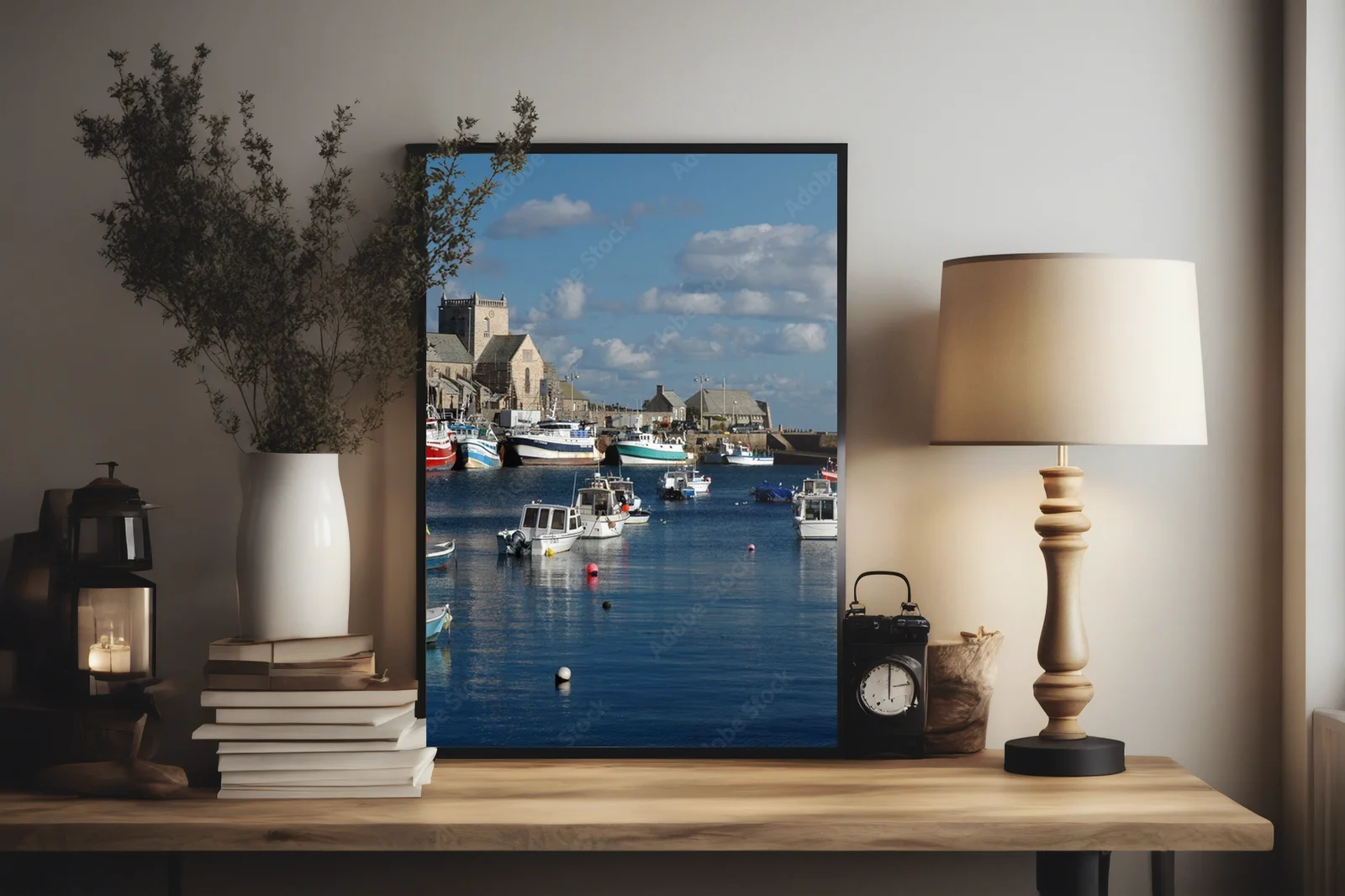 Spokojny port Barfleur w odcieniach błękitu