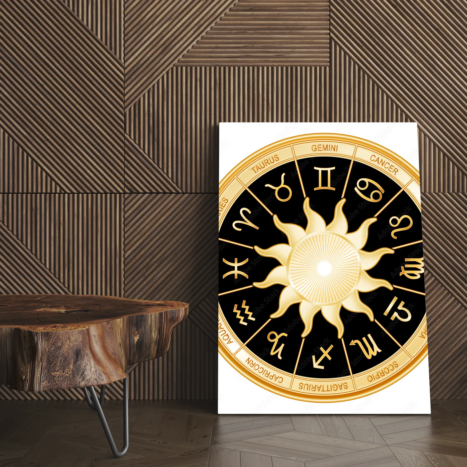 Złote symbole zodiaku w czarnej mandali