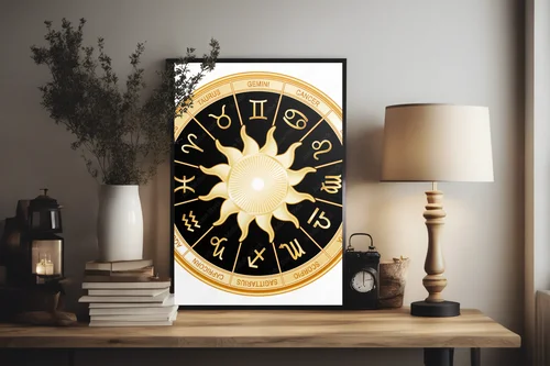Złote symbole zodiaku w czarnej mandali