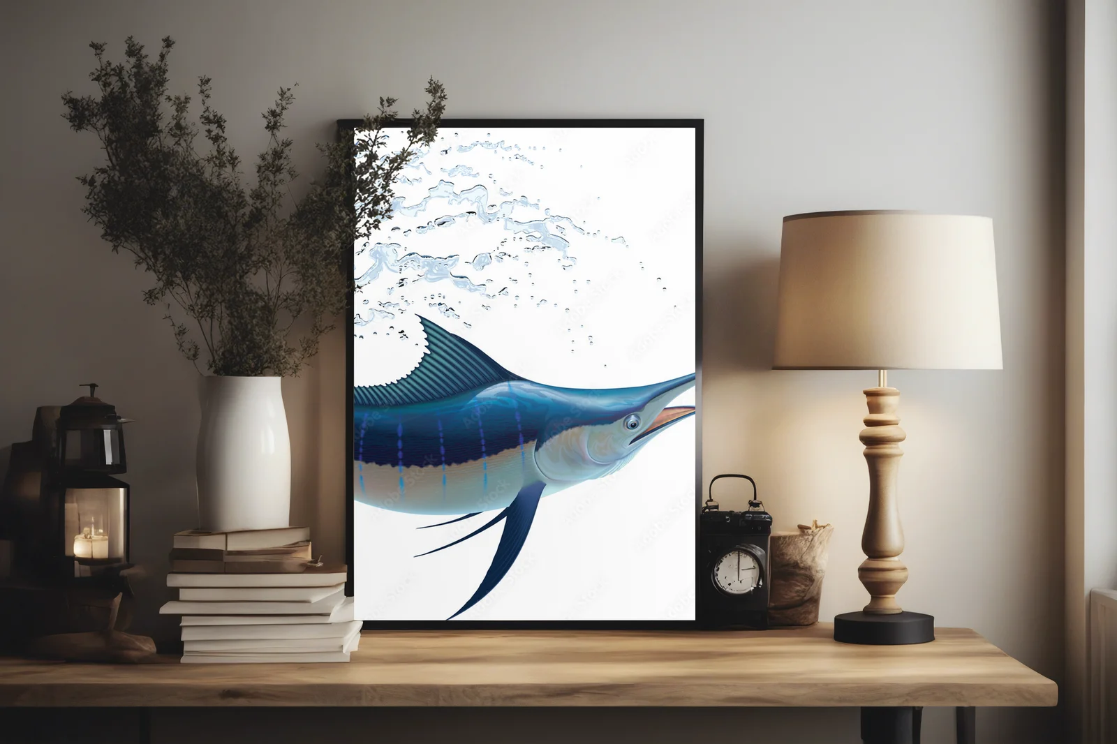 Fascynujący błękitny marlin w świetlistej bieli