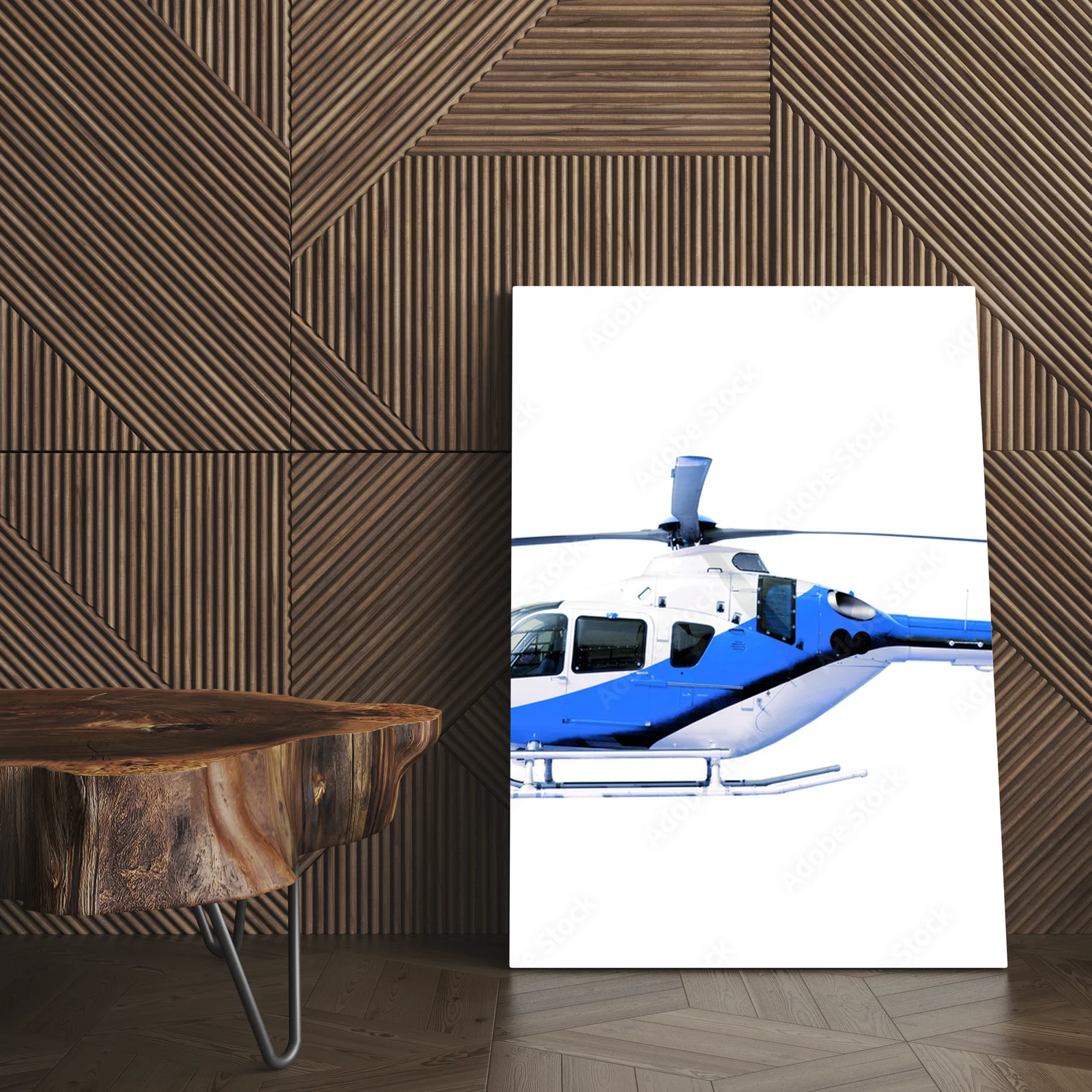 Niebieski helikopter w niewinnej bieli