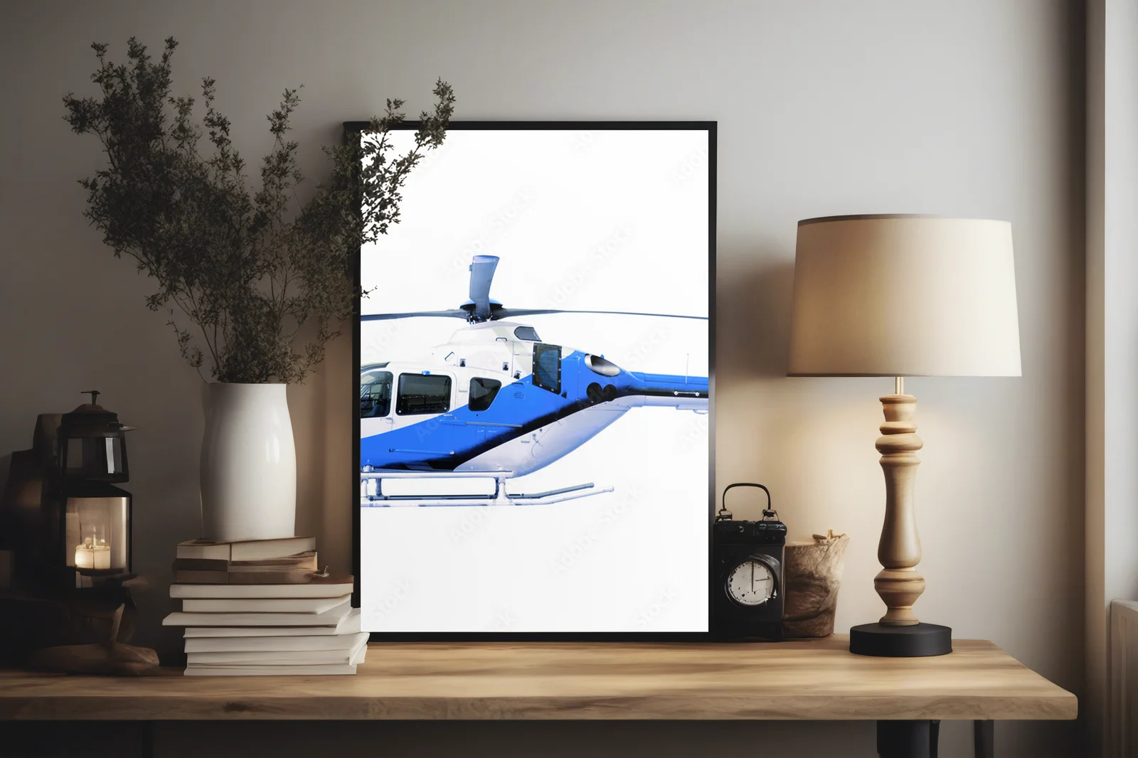 Niebieski helikopter w niewinnej bieli