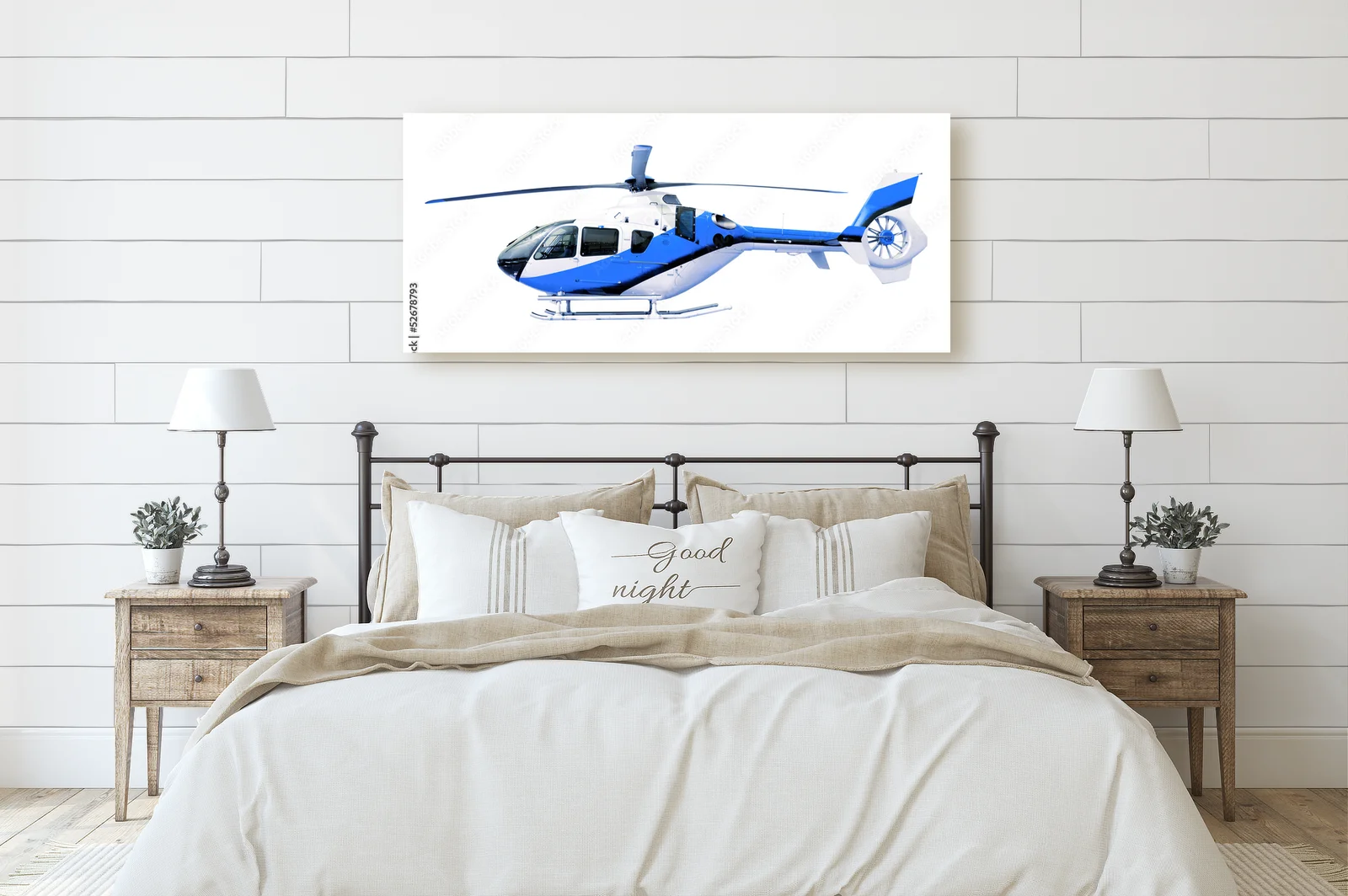 Niebieski helikopter w niewinnej bieli