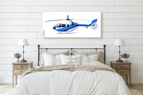 Niebieski helikopter w niewinnej bieli